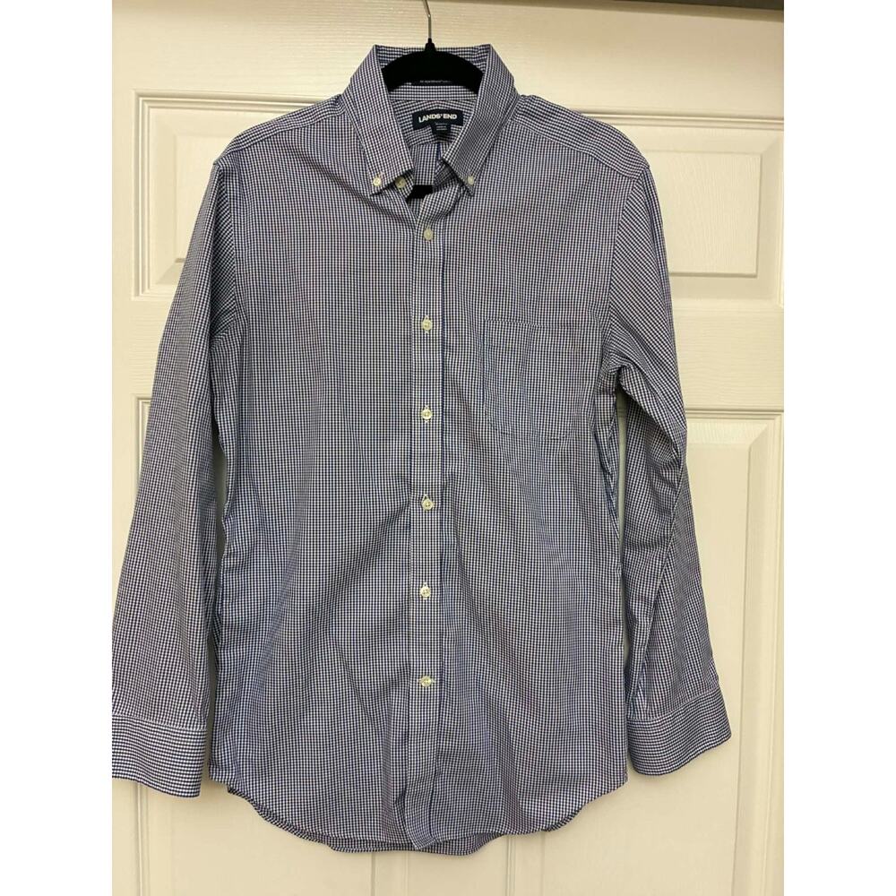 Lands' End Supima No Iron Pinpoint Shirt 16-33 Slim Fit Blue Gingham Button Up